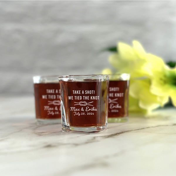 Take a top Shot We Tied the Knot Personalized 2oz Plastic Shot Glasses - Personalized Wedding Shot Glasses - Wedding Favors Shot Glasses