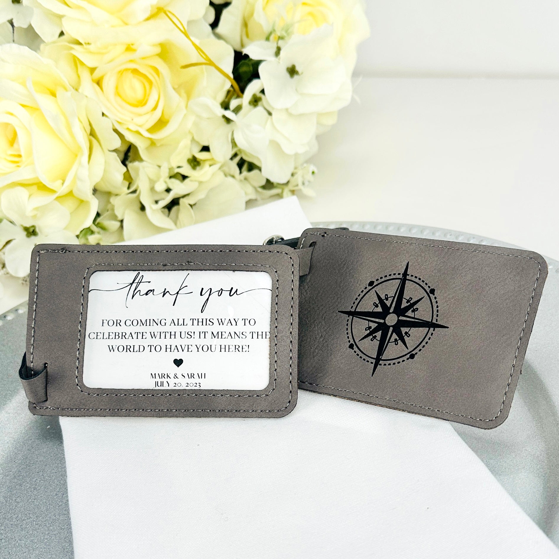 Love and Travel Custom Engraved Leather Luggage Tag Wedding Favor -  Whitetail Woodcrafters
