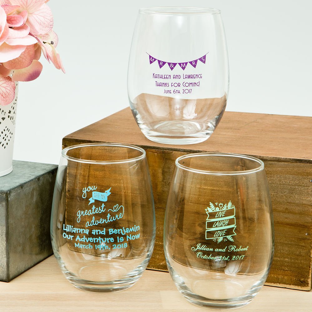 Personalized 15 oz. Stemless Wine Glass - Party Favors, Wedding, Baby