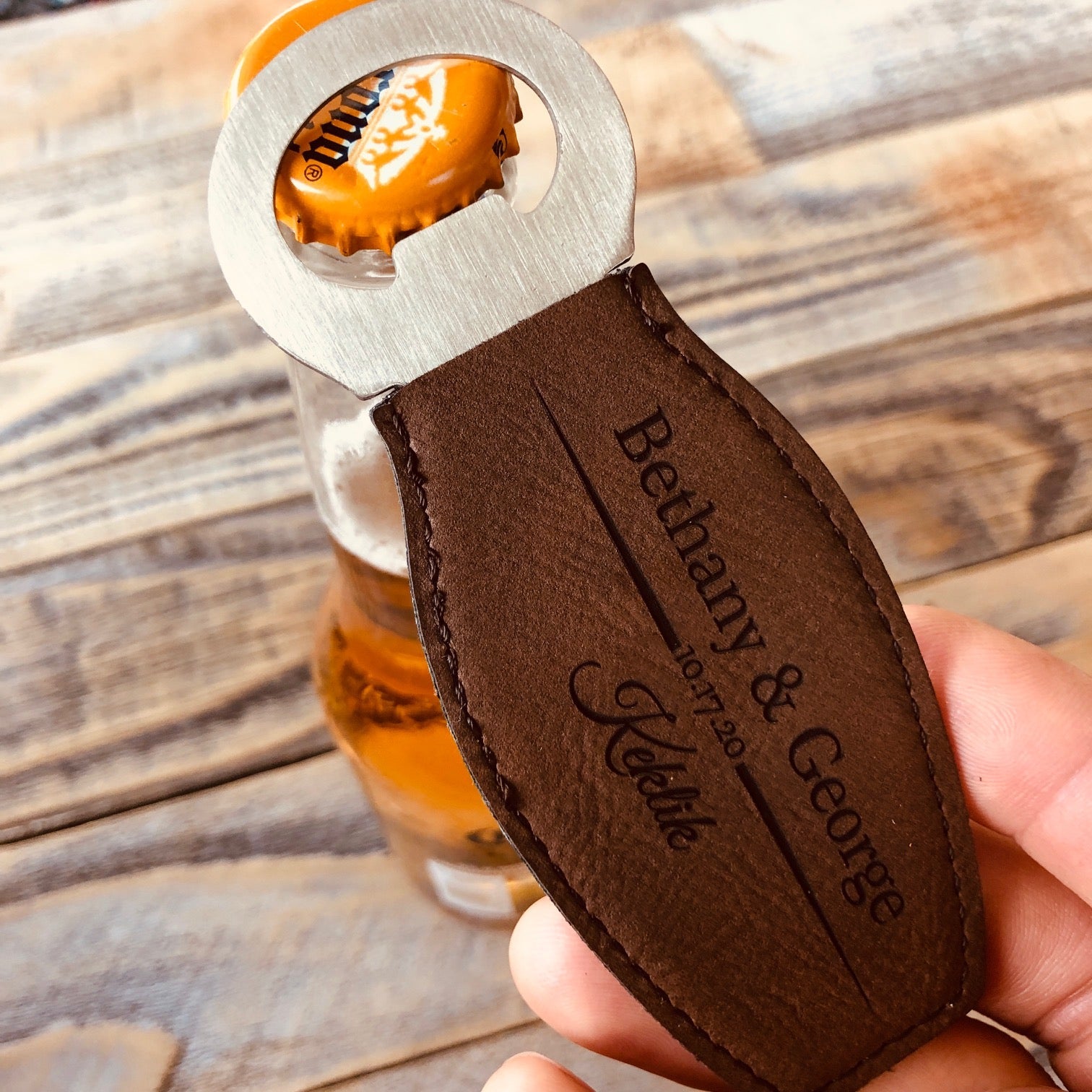 Vintage Bottle Can Opener Gold Plated Wood Handle